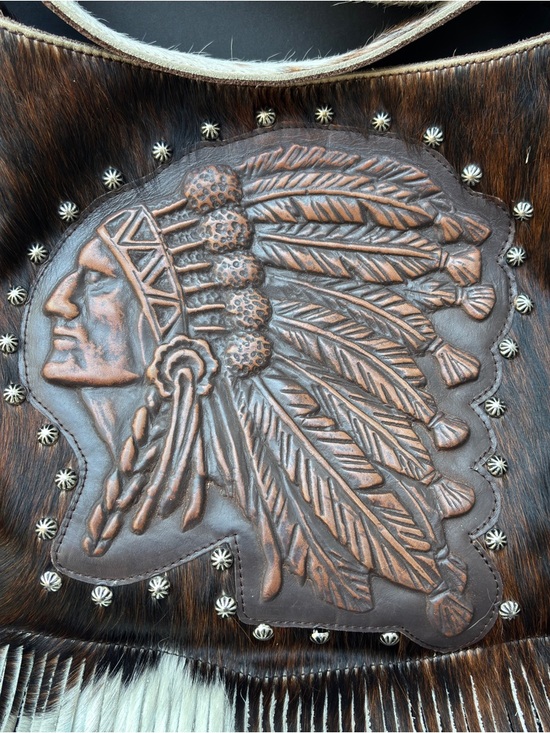 Raviani Studded Native American Fringe Crossbody Bag In Hair-On Cowhide EUC - Picture 5 of 17